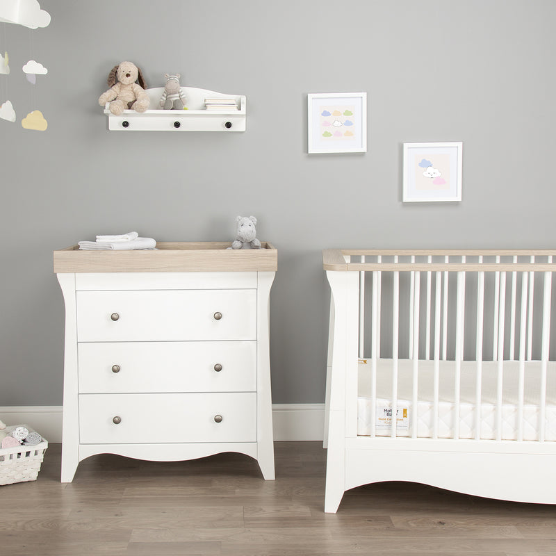 White and Ash CuddleCo Clara 2pc Nursery Set - 3 Drawer Dresser/Changer & Cot Bed in a cloud-theme nursery | Nursery Furniture Sets | Room Sets | Nursery Furniture - Clair de Lune UK