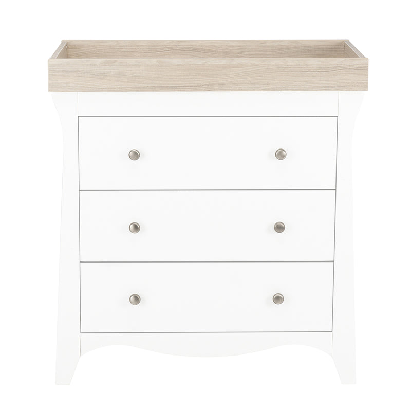 The dresser of the White and Ash CuddleCo Clara 2pc Nursery Set - 3 Drawer Dresser/Changer & Cot Bed with the changing unit | Nursery Furniture Sets | Room Sets | Nursery Furniture - Clair de Lune UK