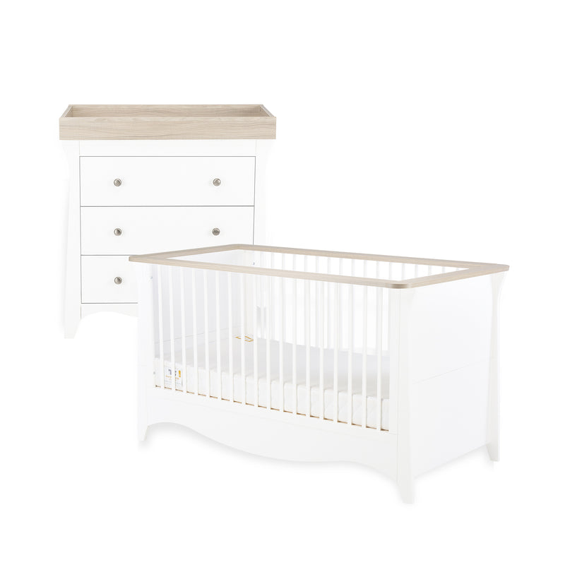  White and Ash CuddleCo Clara 2pc Nursery Set - 3 Drawer Dresser/Changer & Cot Bed | Nursery Furniture Sets | Room Sets | Nursery Furniture - Clair de Lune UK