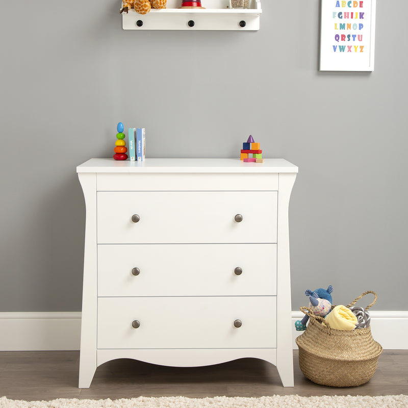 The changer of the White CuddleCo Clara 2pc Nursery Set - 3 Drawer Dresser/Changer & Cot Bed | Nursery Furniture Sets | Room Sets | Nursery Furniture - Clair de Lune UK