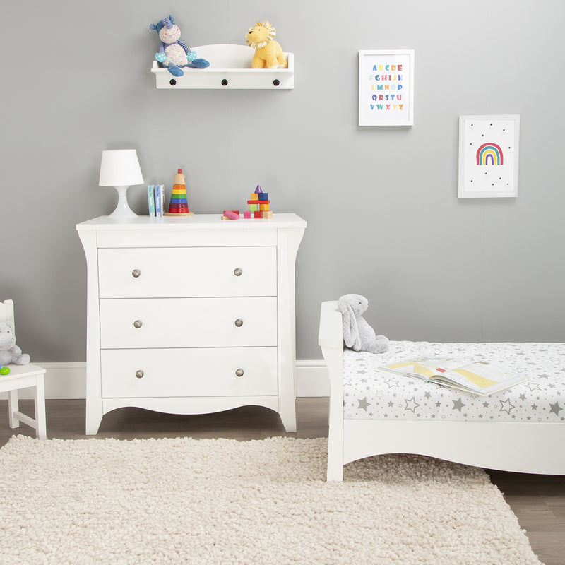 White and Ash CuddleCo Clara 2pc Nursery Set - 3 Drawer Dresser/Changer & Cot Bed in a cloud-theme nursery with the cot bed transformed to a toddler bed | Nursery Furniture Sets | Room Sets | Nursery Furniture - Clair de Lune UK