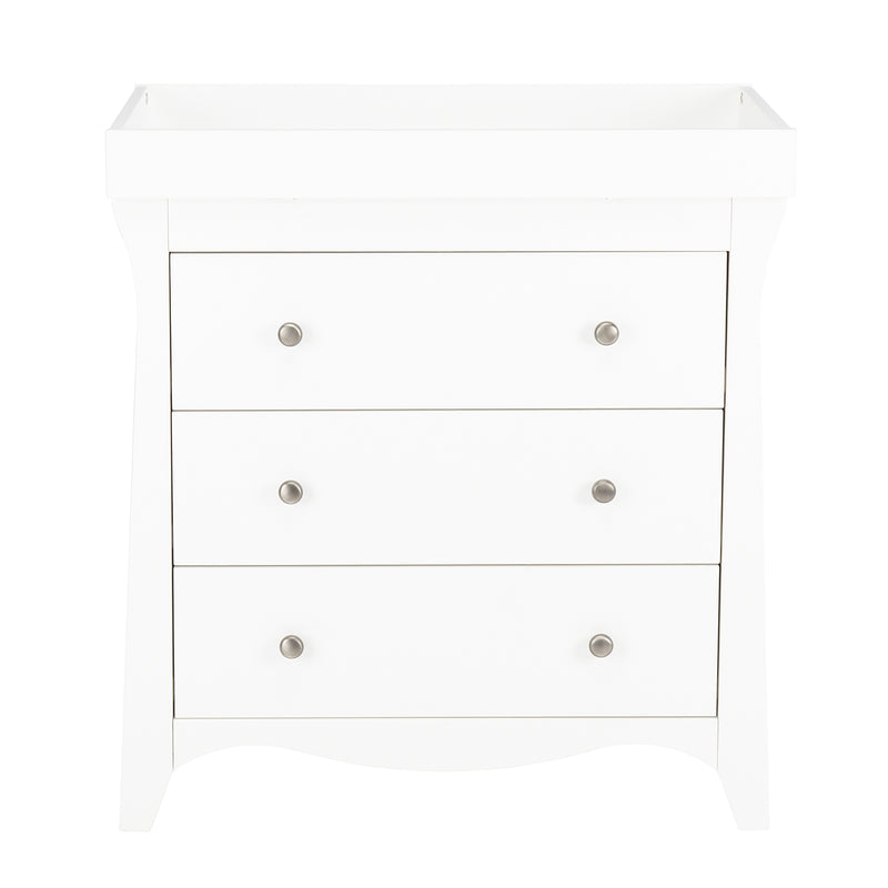 The dresser of the White CuddleCo Clara 2pc Nursery Set - 3 Drawer Dresser/Changer & Cot Bed with the changing unit | Nursery Furniture Sets | Room Sets | Nursery Furniture - Clair de Lune UK