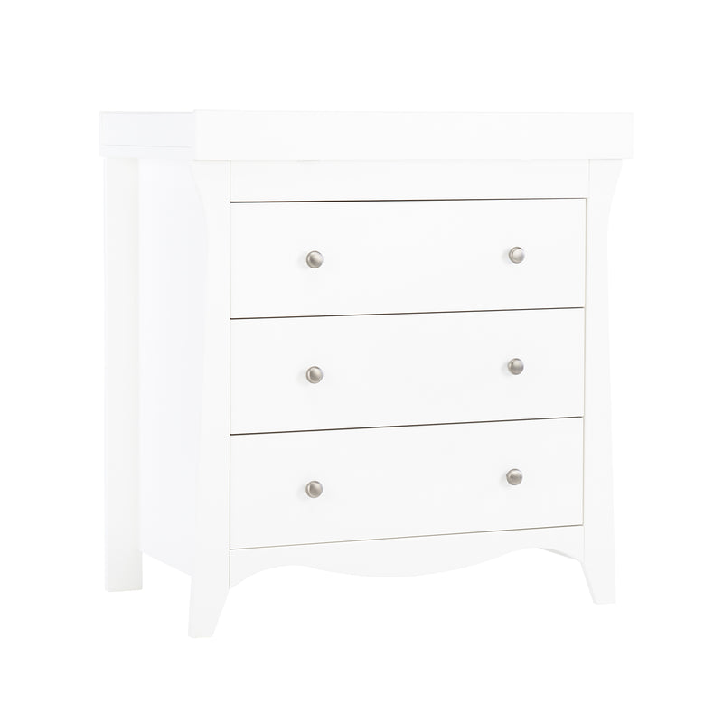 The side of the dresser of the White CuddleCo Clara 2pc Nursery Set - 3 Drawer Dresser/Changer & Cot Bed with the changing unit | Nursery Furniture Sets | Room Sets | Nursery Furniture - Clair de Lune UK