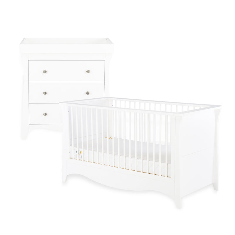 The cot bed as a crib of the White CuddleCo Clara 2pc Nursery Set - 3 Drawer Dresser/Changer & Cot Bed | Nursery Furniture Sets | Room Sets | Nursery Furniture - Clair de Lune UK