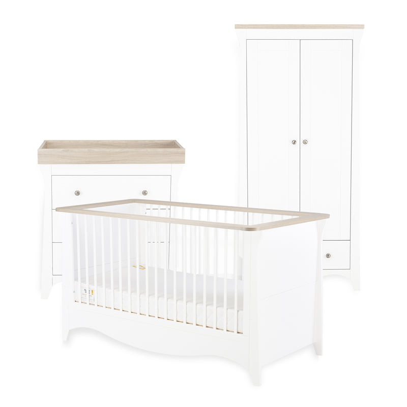 Ash CuddleCo Clara 3pc Nursery Set - 3 Drawer Dresser/Changer, Cot Bed & Wardrobe | Nursery Furniture Sets | Room Sets | Nursery Furniture - Clair de Lune UK