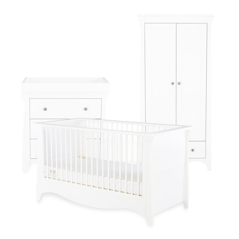 White CuddleCo Clara 3pc Nursery Set - 3 Drawer Dresser/Changer, Cot Bed & Wardrobe | Nursery Furniture Sets | Room Sets | Nursery Furniture - Clair de Lune UK