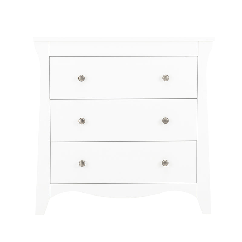 The dresser of the White CuddleCo Clara 3pc Nursery Set - 3 Drawer Dresser/Changer, Cot Bed & Wardrobe | Nursery Furniture Sets | Room Sets | Nursery Furniture - Clair de Lune UK