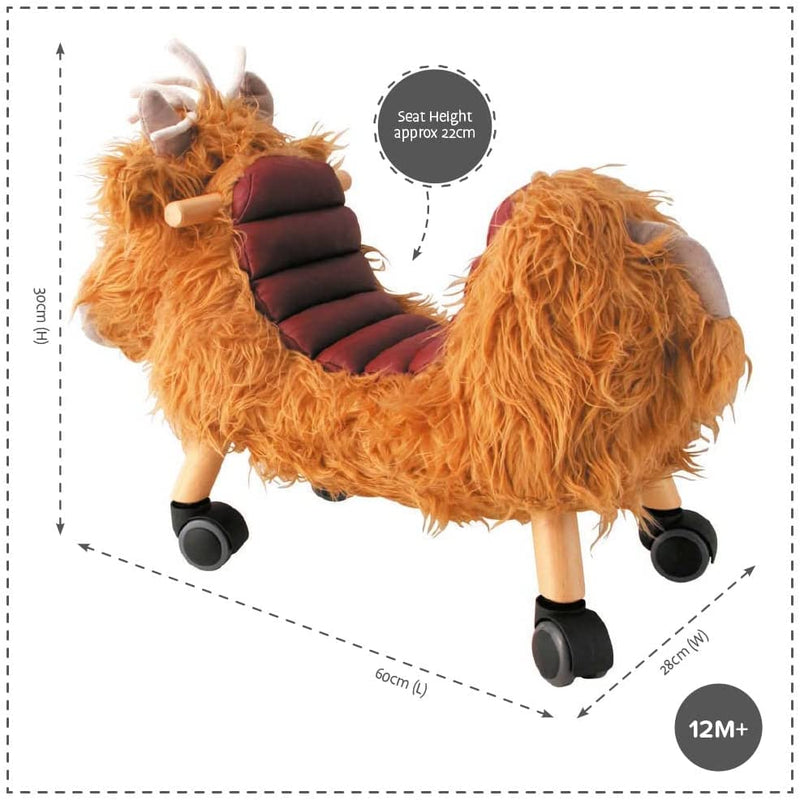 The dimensions of the Little Bird Told Me Hubert Highland Cow Ride On Toy | Baby Walkers and Ride On Toys | Montessori Activities For Babies & Kids | Toys | Baby Shower, Birthday & Christmas Gifts - Clair de Lune UK