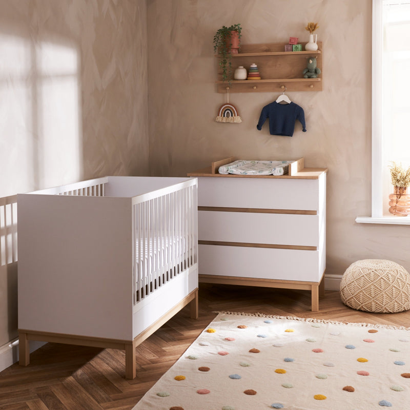 White and Natural Obaby Astrid Mini 2 Piece Room Set including a white cot bed and a matching changer in a Scandi Cashmere nursery room | Nursery Furniture Sets | Room Sets | Nursery Furniture - Clair de Lune UK