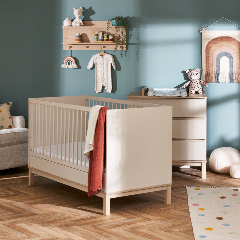 Natural Cashmere Obaby Astrid Mini 2 Piece Room Set including a natural changer and a matching cot bed in a Scandi pastel green nursery room | Nursery Furniture Sets | Room Sets | Nursery Furniture - Clair de Lune UK