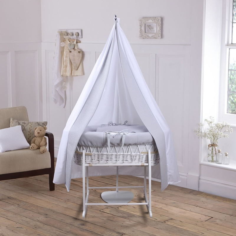 Waffle White Wicker Moses Basket Starter Set & Deluxe Drape in a gender-neutral nursery room | Moses Baskets and Stands | Co-sleepers | Nursery Furniture - Clair de Lune UK