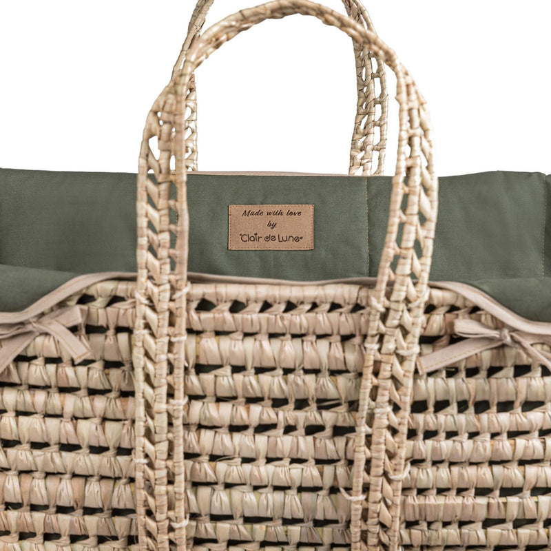Organic Palm Moses Basket in Forest Green with the palm handle, Clair de Lune's logo and basket zoomed in | Moses Baskets | Co-sleepers | Nursery Furniture - Clair de Lune UK