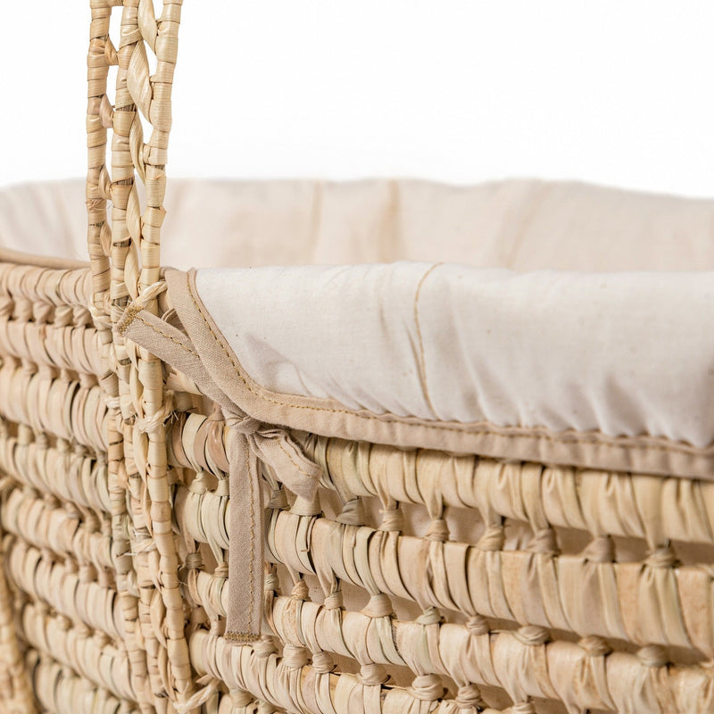 Cream Organic Palm Moses Basket with the palm handle and basket zoomed in | Moses Baskets | Co-sleepers | Nursery Furniture - Clair de Lune UK