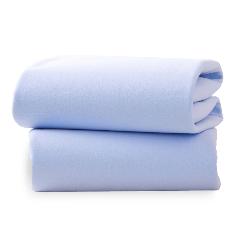A Pack of 2 Folded Blue Fitted Cotton Moses Fitted Sheets - 74 x 30 cm | Soft Baby Sheets | Cot, Cot Bed, Pram, Crib & Moses Basket Bedding - Clair de Lune UK