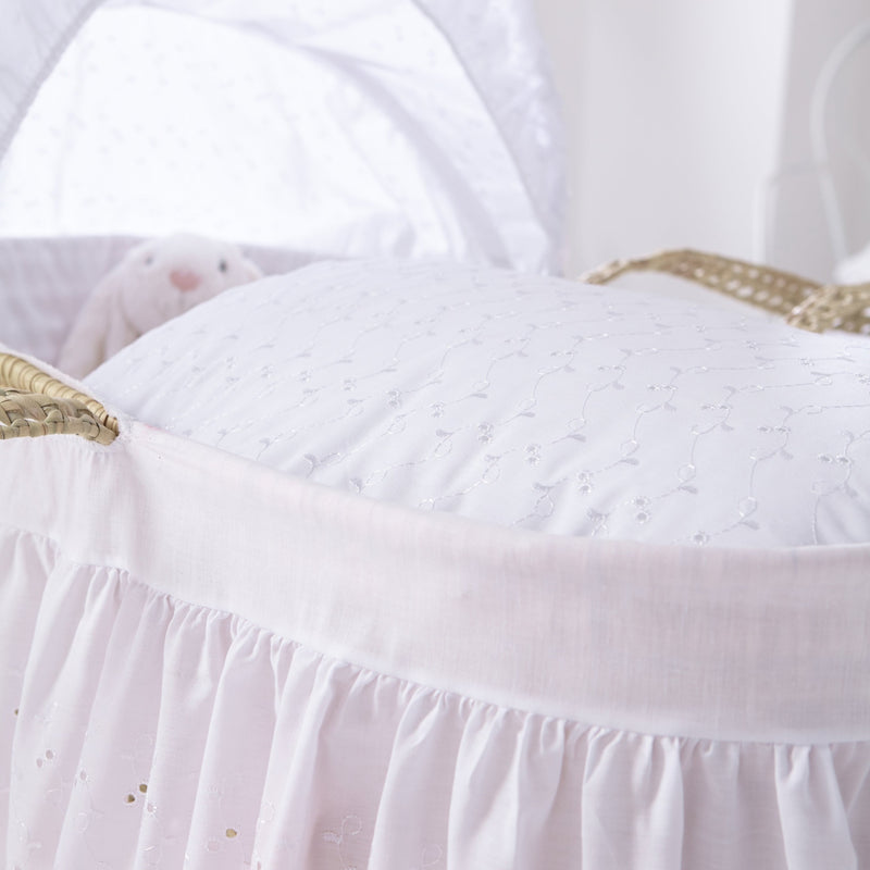 Vinatge Broderie Anglaise Palm Moses Basket with skirt showcasing the dreamy and cosy sleeping space | Moses Baskets | Co-sleepers | Nursery Furniture - Clair de Lune UK