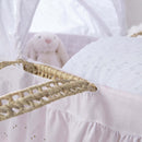 Vintage Broderie Anglaise Palm Moses Basket showcasing the handwoven palm handle and the vintage-style baby first bed | Baby Summer Essential | Moses Baby Baskets, Bassinets | Nursery Furniture - Clair de Lune UK