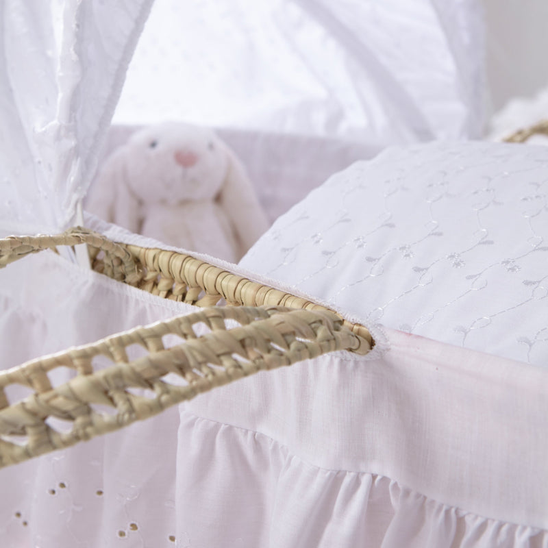 Vintage Broderie Anglaise Palm Moses Basket showcasing the sturdy palm handle and the vintage-style baby first bed | Moses Baskets | Nursery Furniture - Clair de Lune UK