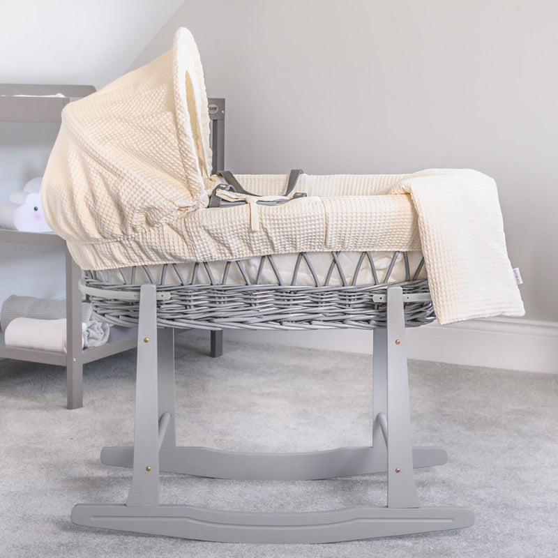 Cream Waffle Grey Wicker Moses Basket on the Grey Deluxe Rocking Stand in a minimalist nursery | Co-sleepers | Nursery Furniture - Clair de Lune UK