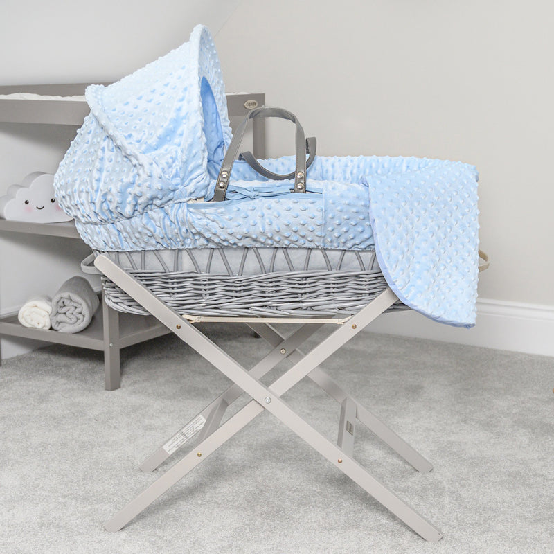 Blue Dimple Grey Wicker Moses Basket on the Grey Self-assembly Folding Stand | Moses Baskets | Co-sleepers | Nursery Furniture - Clair de Lune UK