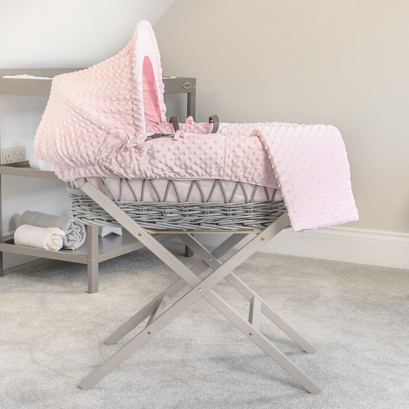 Pink Dimple Grey Wicker Moses Basket on the Grey Self-assembly Folding Stand | Moses Baskets | Co-sleepers | Nursery Furniture - Clair de Lune UK