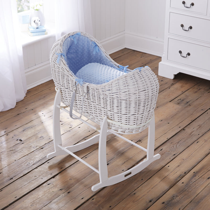 Blue Dimple White Wicker Noah Pod® on a white deluxe rocking stand | Bassinets | Nursery Furniture - Clair de Lune UK
