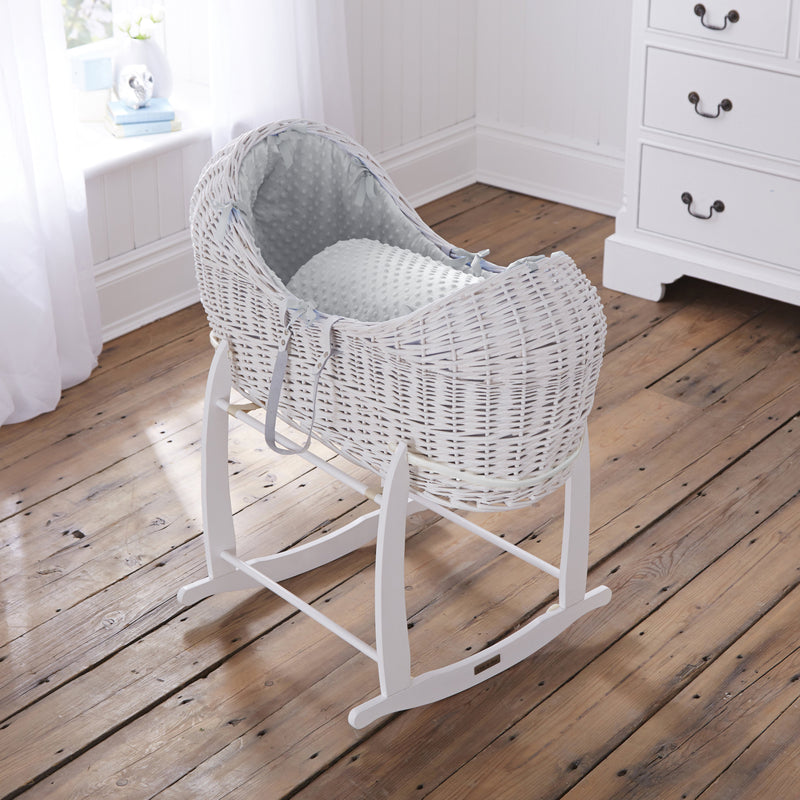 Grey Dimple White Wicker Noah Pod® on the White Deluxe Rocking Stand | Bassinets | Nursery Furniture - Clair de Lune UK