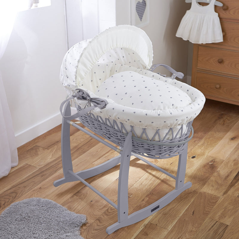 Lullaby Hearts Grey Wicker Moses Basket on the Grey Deluxe rocking stand | Moses Baskets | Co-sleepers | Nursery Furniture - Clair de Lune UK