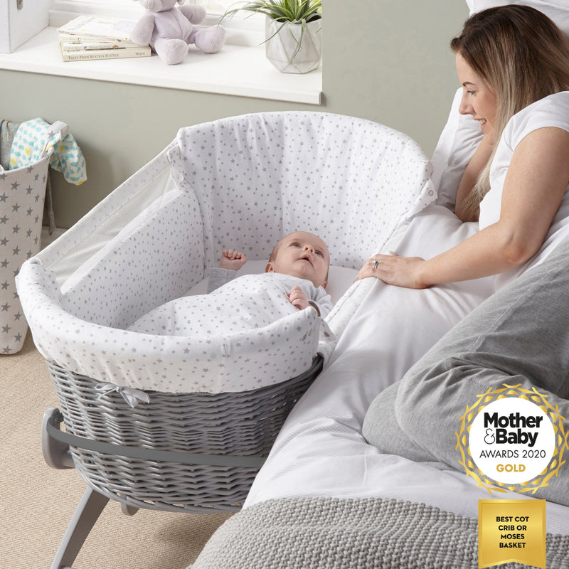Mum playing with her baby staying in the Stars & Stripes Bedside Crib Bundle | Bedside Cribs & Folding Cribs | Next To Me Cots & Newborn Baby Beds | Co-sleepers - Clair de Lune UK