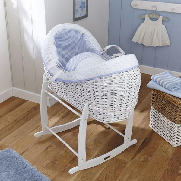 Blue Stars & Stripes White Wrapover® Noah Pod® on the white Deluxe rocking stand in a blue nursery for boys | Bassinets | Nursery Furniture - Clair de Lune UK