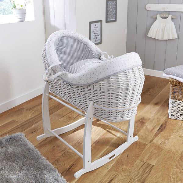 Grey Stars & Stripes White Wrapover® Noah Pod® on the white Deluxe rocking stand in a grey nursery for boys and girls | Bassinets | Nursery Furniture - Clair de Lune UK
