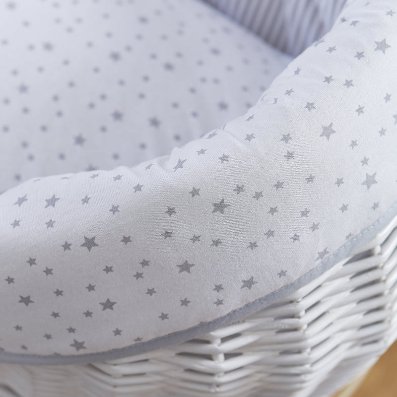 Grey Stars & Stripes White Wrapover® Noah Pod® with the star print dressing, coverlet and sturdy white wicker | Bassinets | Nursery Furniture - Clair de Lune UK