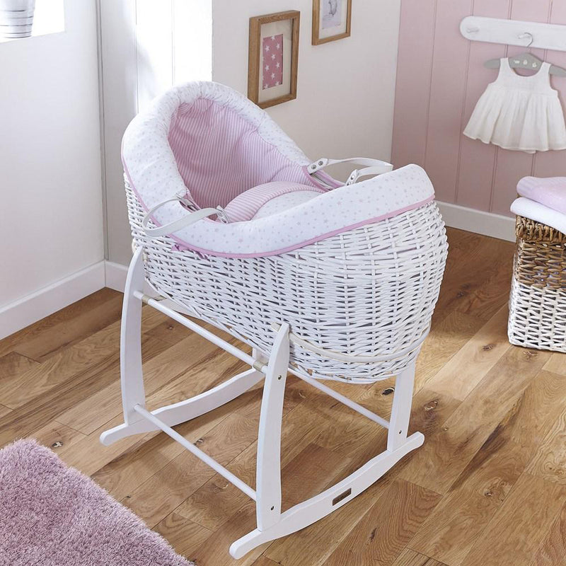 Pink Stars & Stripes White Wrapover® Noah Pod® on the white Deluxe rocking stand in a pink nursery for girls | Bassinets | Nursery Furniture - Clair de Lune UK