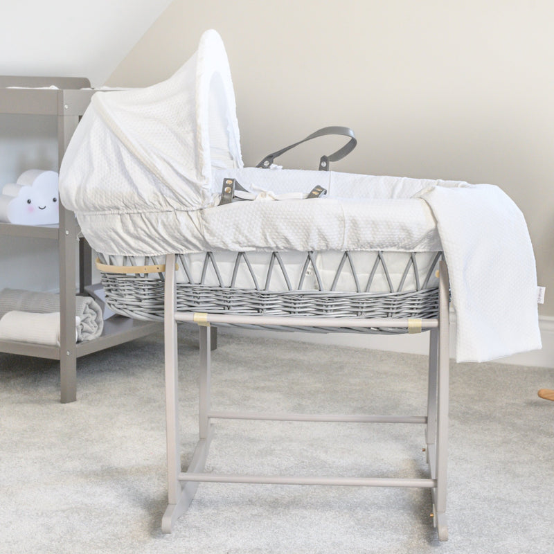 White Cotton Dream Grey Wicker Moses Basket on the grey Deluxe Rocking Stand | Co-sleepers | Nursery Furniture - Clair de Lune UK