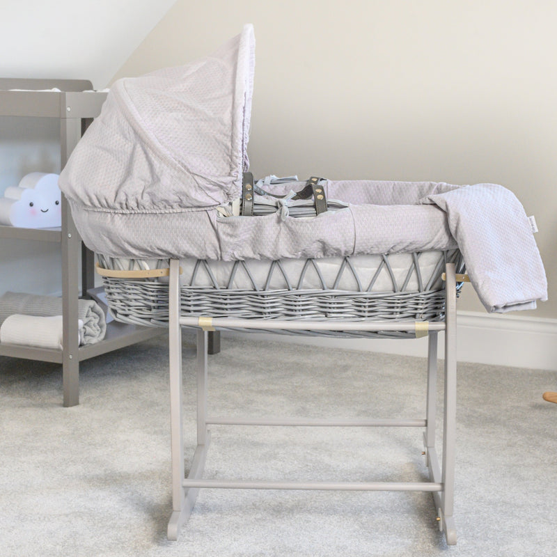 Grey Cotton Dream Grey Wicker Moses Basket on the grey Deluxe Rocking Stand | Co-sleepers | Nursery Furniture - Clair de Lune UK