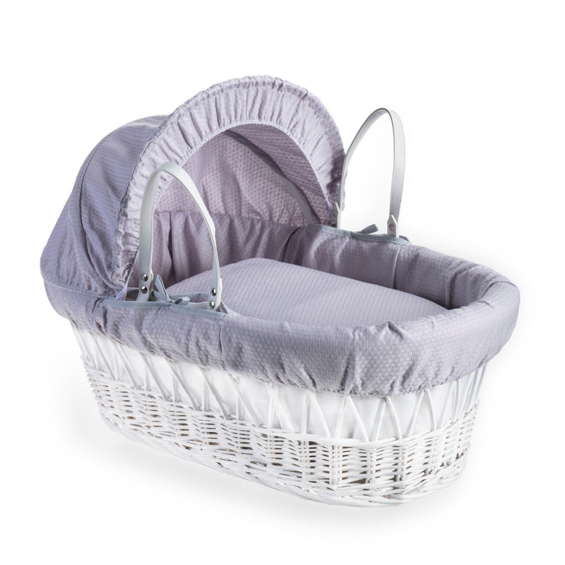 Clair de Lune Cotton Dream White Wicker Moses Basket coming complete with detachable, adjustable hood, hypoallergenic mattress and coverlet in the white background.