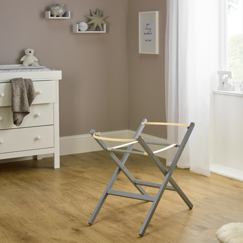 Grey Self Assembly Wooden Folding Moses Basket Stand in a nursery room | Moses Basket Stands | Moses Baskets and Stands | Co-sleepers | Nursery Furniture - Clair de Lune UK