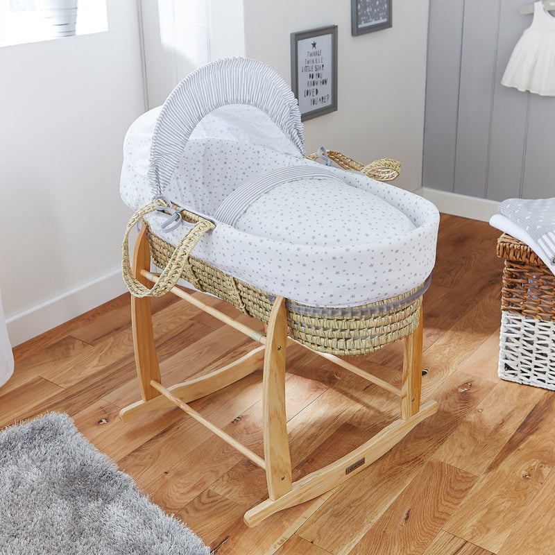 Grey Stars & Stripes Palm Moses Basket on the Natural Deluxe Rocking Stand in a minimalist nursery room | Moses Baskets | Co-sleepers | Nursery Furniture - Clair de Lune UK