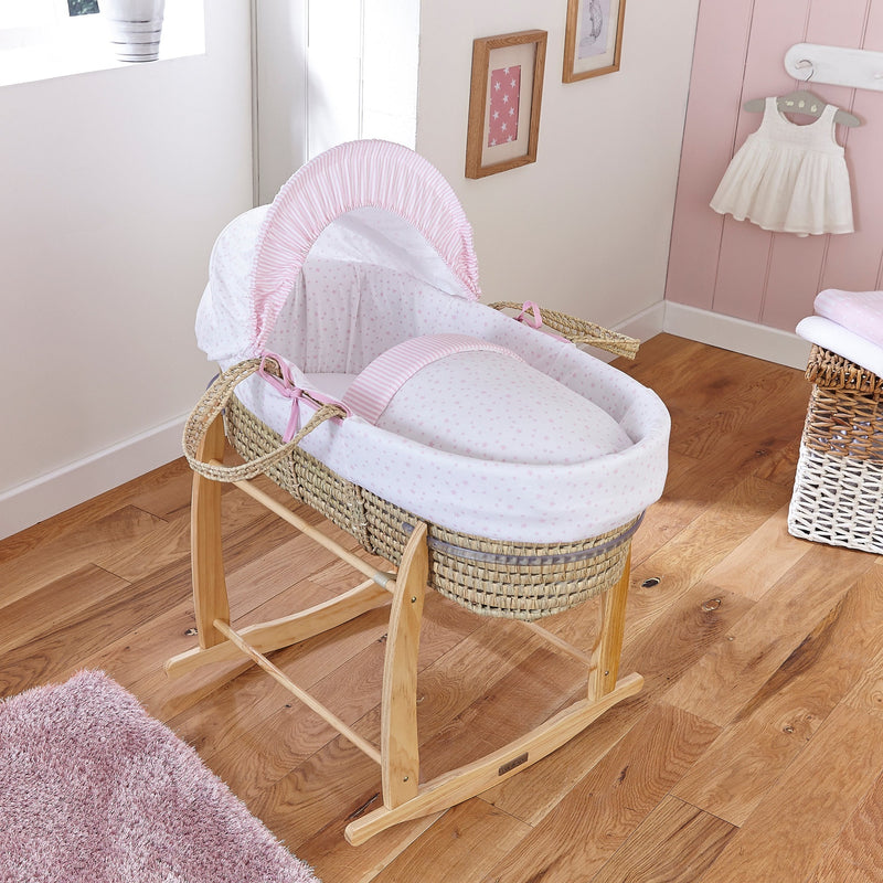 Pink Stars & Stripes Palm Moses Basket on the Natural Deluxe Rocking Stand in a minimalist nursery room | Moses Baskets | Co-sleepers | Nursery Furniture - Clair de Lune UK