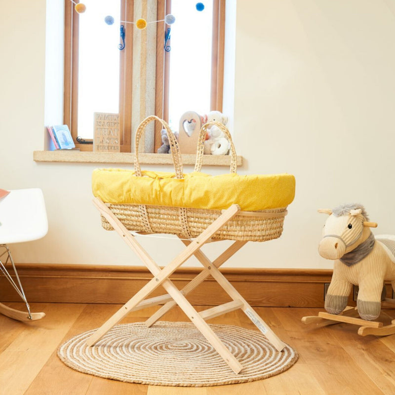 Yellow Colour Pop Palm Moses Basket on the Natural Self Assembly Wooden Folding Moses Basket Stand | Moses Basket Stands | Moses Baskets and Stands | Co-sleepers | Nursery Furniture - Clair de Lune UK