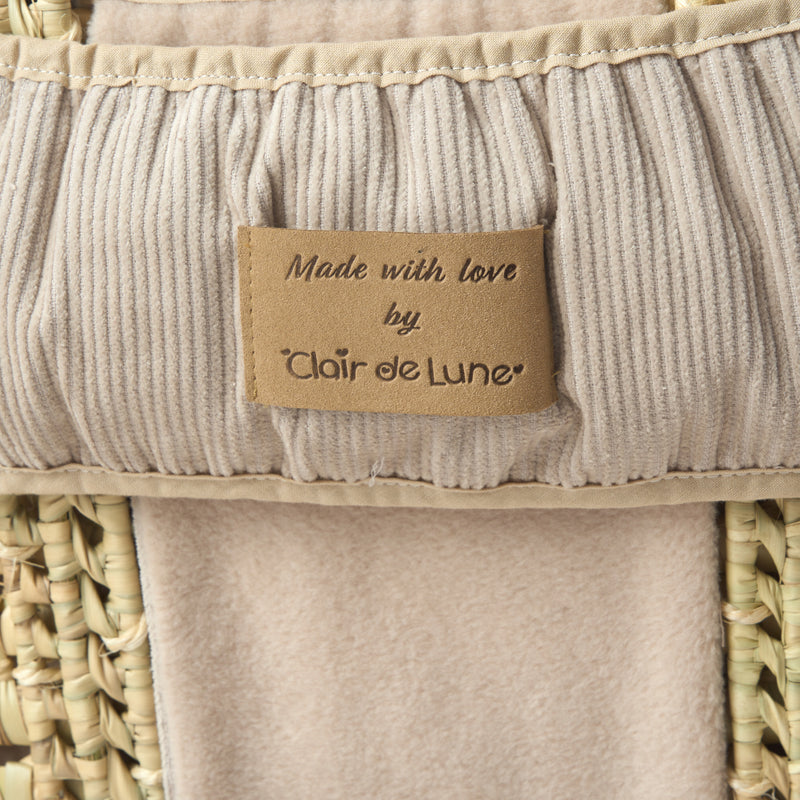 The vegan leather label of the Reversible Cord Moses Basket Dressing | Moses Basket Dressings | Bedding Sets - Clair de Lune UK