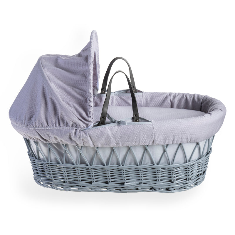 Grey Cotton Dream Grey Wicker Moses Basket coming complete with an adjustable, removable hood, padded liner that covers the interior walls of the basket, two carry handles, a coverlet, and a firm, hypoallergenic fibre mattress | Co-sleepers | Nursery Furn