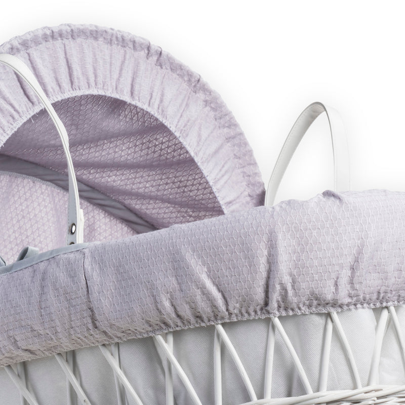 The white wicker detail of the Grey Cotton Dream White Wicker Moses Basket | Moses Baskets | Co-sleepers | Nursery Furniture - Clair de Lune UK