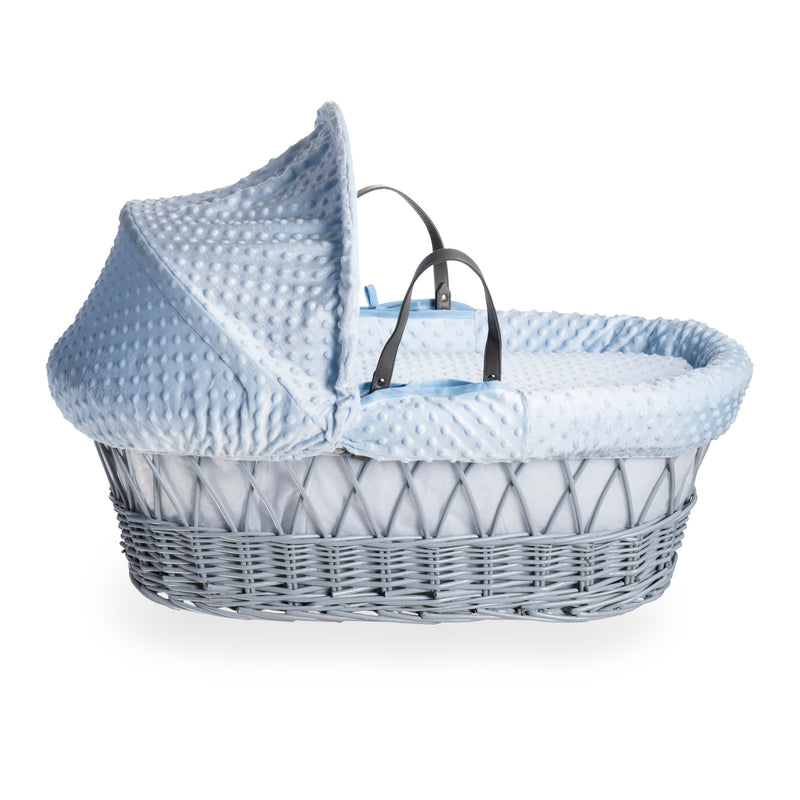 Blue Dimple Grey Wicker Moses Basket coming complete with an adjustable, removable hood, padded liner that covers the interior walls of the basket, two carry handles, a coverlet, and a firm, hypoallergenic fibre mattress | Moses Baskets | Co-sleepers | Nu