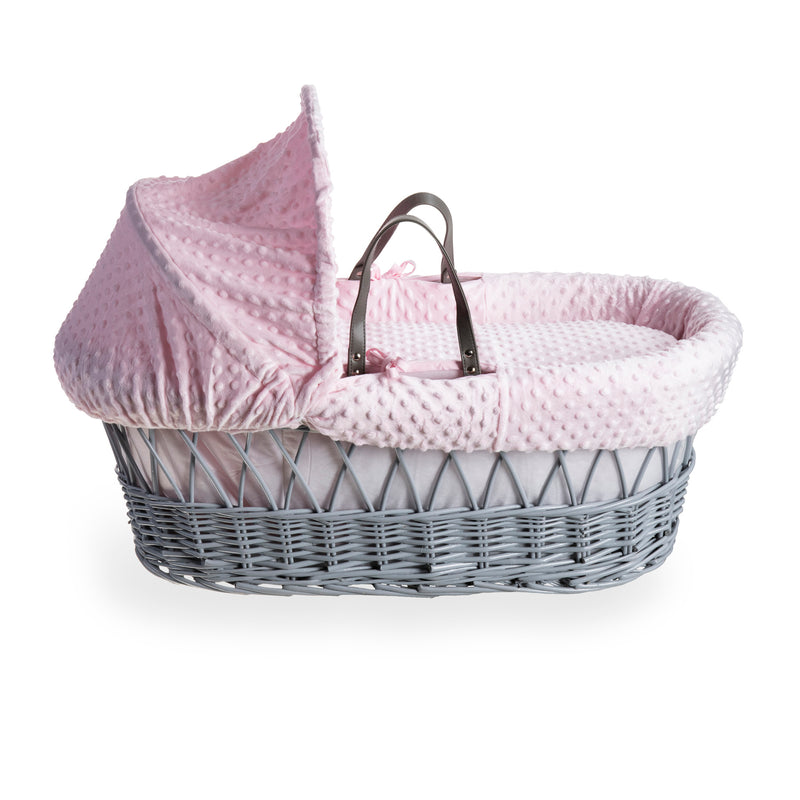 Pink Dimple Grey Wicker Moses Basket coming complete with an adjustable, removable hood, padded liner that covers the interior walls of the basket, two carry handles, a coverlet, and a firm, hypoallergenic fibre mattress | Moses Baskets | Co-sleepers | Nu