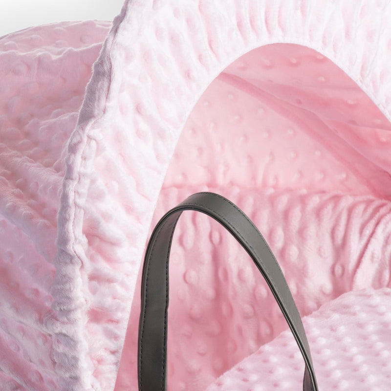 Pink Dimple Moses Basket Bedding Set coming complete with a matching coverlet, bassinet dressing and hood made from breathable soft plush dimple fabrics | Moses Basket Dressings | Bedding Sets - Clair de Lune UK