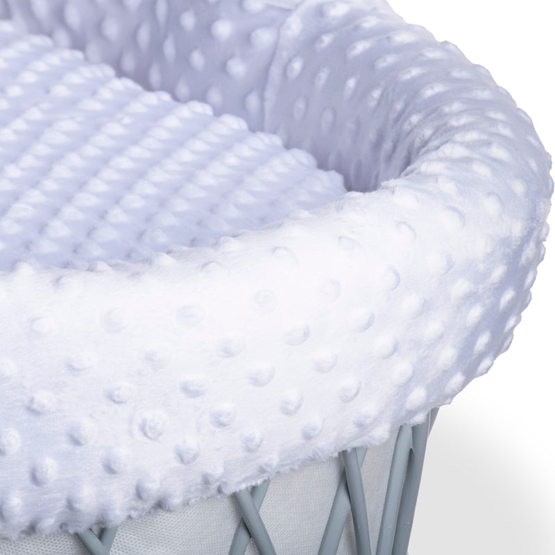 White Dimple Grey Wicker Moses Basket showing the breathable white plush dimple fabrics | Moses Baskets | Co-sleepers | Nursery Furniture - Clair de Lune UK