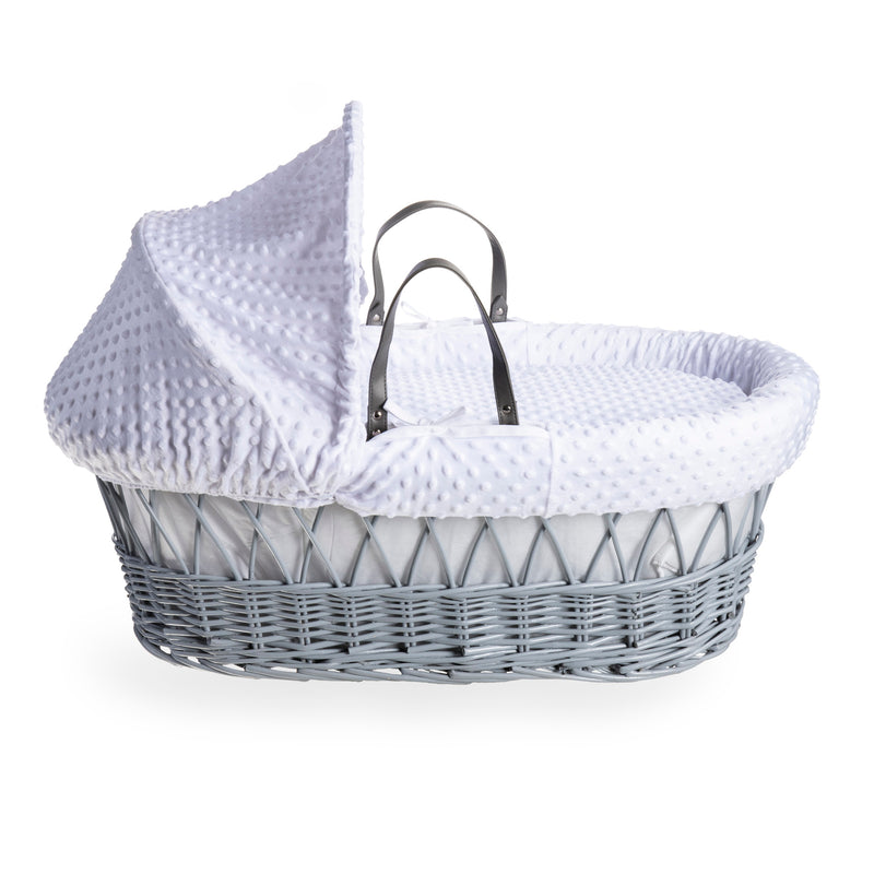 White Dimple Grey Wicker Moses Basket coming complete with an adjustable, removable hood, padded liner that covers the interior walls of the basket, two carry handles, a coverlet, and a firm, hypoallergenic fibre mattress | Moses Baskets | Co-sleepers | N