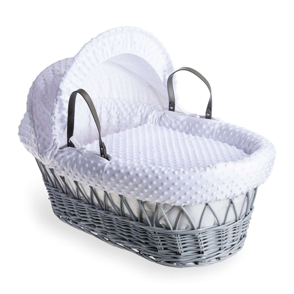 Baby Moses Basket With Stand – Pink Dimple / Grey Wicker, Includes Bedding And Mattress
