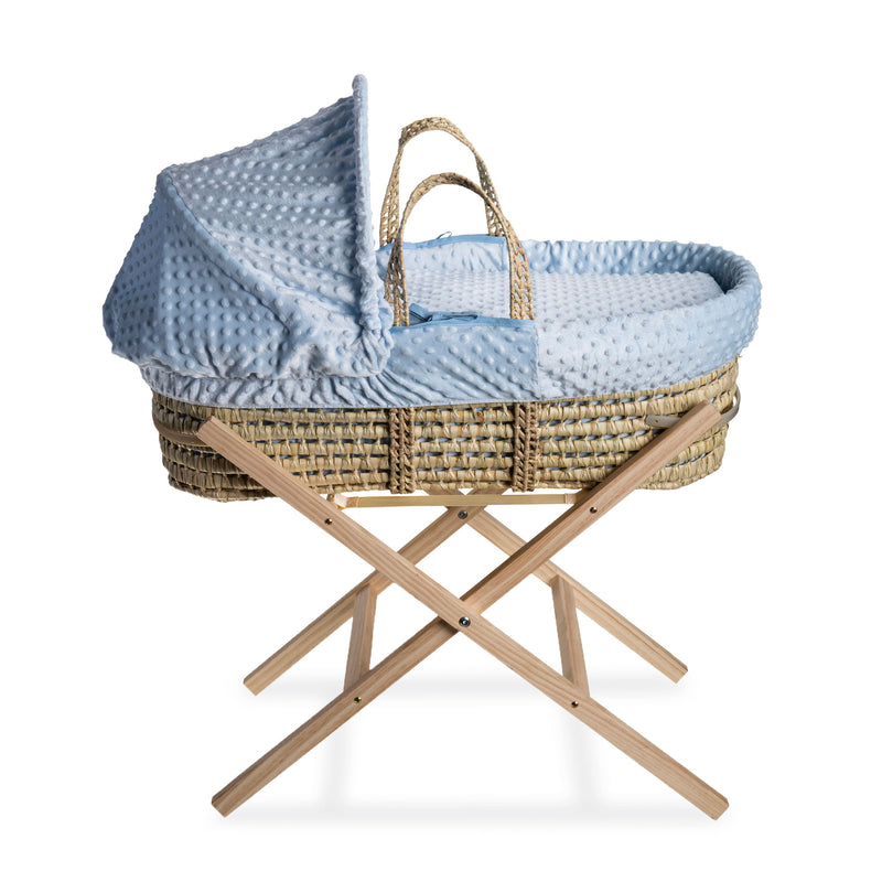 Blue Dimple Palm Moses Basket on the Natural Compact Folding Stand | Moses Baskets and Stands | Co-sleepers | Nursery Furniture - Clair de Lune UK