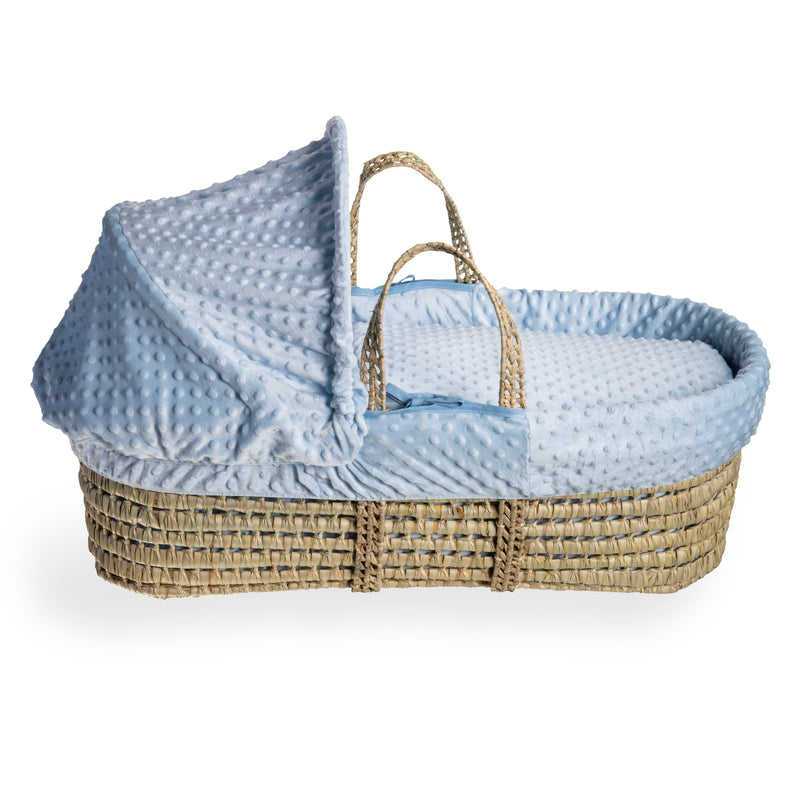 Blue Dimple Palm Moses Basket showcasing the traditional design with hood | Moses Baskets | Co-sleepers | Nursery Furniture - Clair de Lune UK